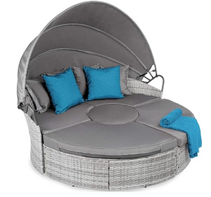 Rattan Outdoor Daybed w Pillows, Adjustable Seats, Clips, Retractable Canopy, Cover, Weather-Resistant Cushions