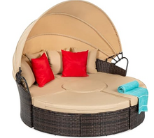 Load image into Gallery viewer, Rattan Outdoor Daybed w Pillows, Adjustable Seats, Clips, Retractable Canopy, Cover, Weather-Resistant Cushions