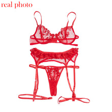 Load image into Gallery viewer, Red Lace 3 pc Lingerie  Set with lace garter belt