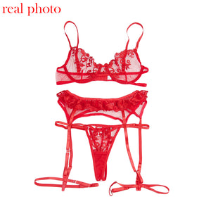 Red Lace 3 pc Lingerie  Set with lace garter belt