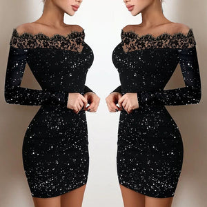 Off Shoulder Sparkling Black Lace Body Dress