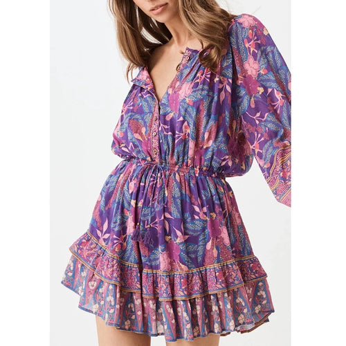 Tropical Floral Boho Chic button-front Dress with Ruffles