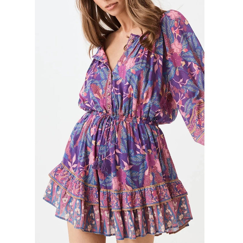 Tropical Floral Boho Chic button-front Dress with Ruffles