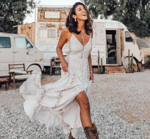 Lace print button front boho dress