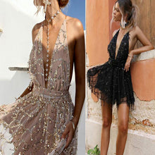 Load image into Gallery viewer, Sequined deep V Halter mini dress