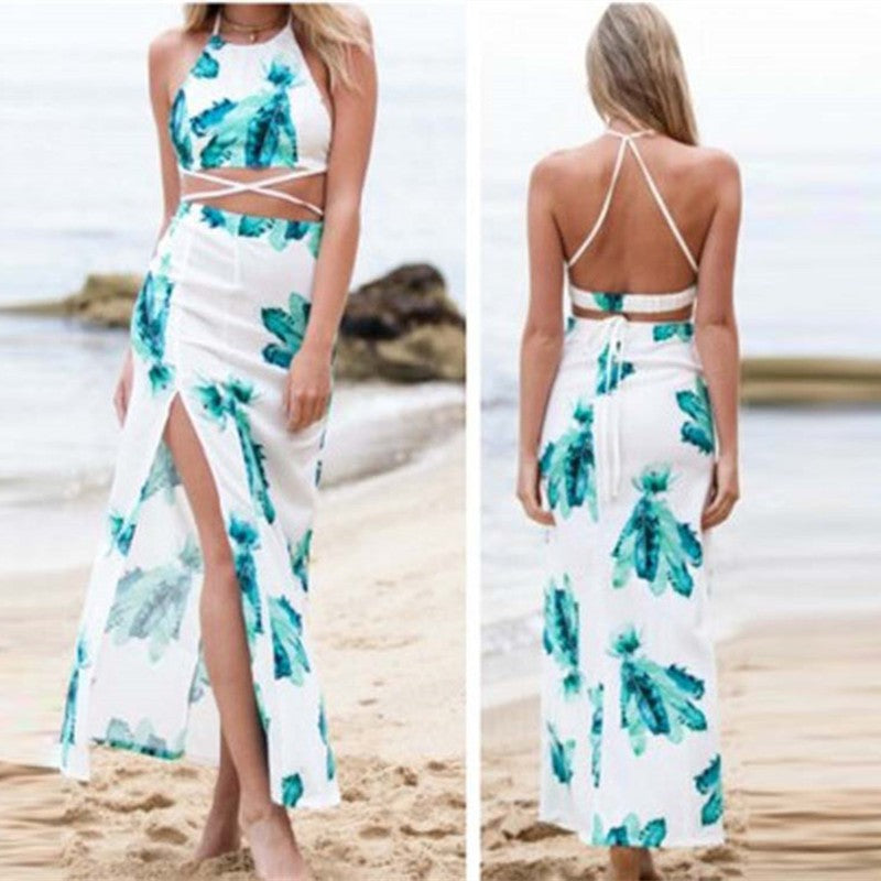 Two Piece Halter Floral Print Beach Dress