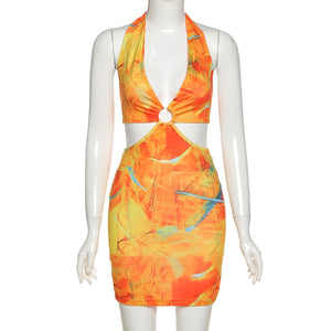 Digital Print Halter Sheath Mini Dress