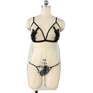 Sheer Embroidered Babydoll w. Panties Set (Plus Size)