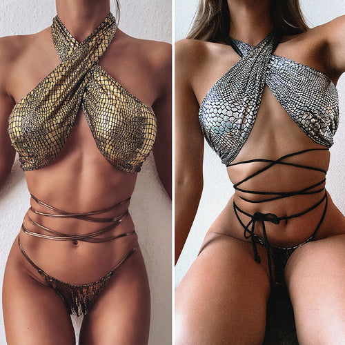 Metallic Bandeau Strappy Bikini