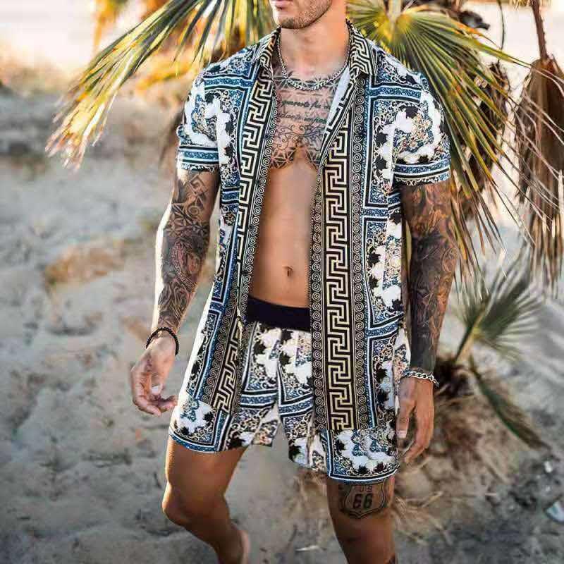 Loose Shirt Hawaiian Print Two-Piece Suit