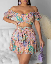 Load image into Gallery viewer, 2 Pc. Pastel Floral Print Off-Shoulder Blouse and Skirt