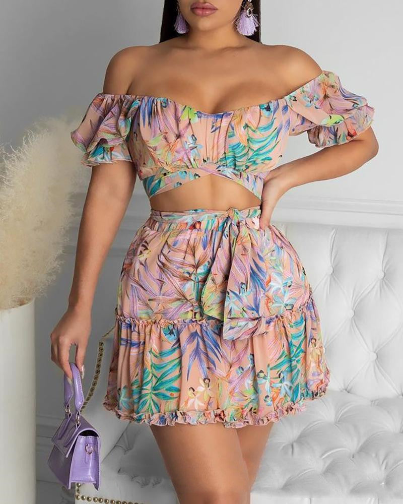2 Pc. Pastel Floral Print Off-Shoulder Blouse and Skirt