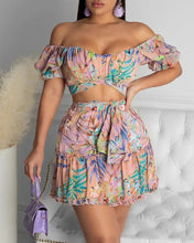 Load image into Gallery viewer, 2 Pc. Pastel Floral Print Off-Shoulder Blouse and Skirt