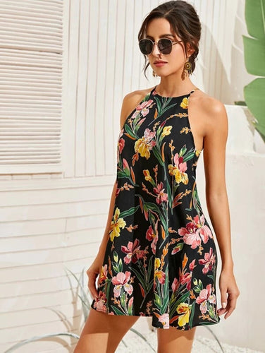 Tropical Print Halter Beach Dress