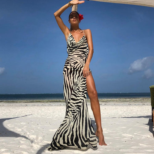 Sheer Zebra Print Backless High Slit Sun Dress