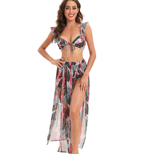 Tropical Print Ruffled Lace-up Three-piece Bikini and Slit Skirt