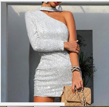 Load image into Gallery viewer, Off-the-shoulder silver silk Fitted Mini Dress
