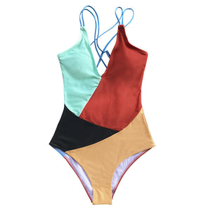Abstract Patchwork Monokini with Strappy Back