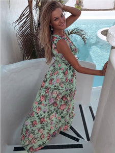 Fitted Floral Print High Slit Beach Dress