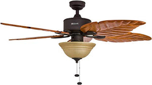 52-Inch Tropical Ceiling Fan with Sunset Bowl Light, Five Hand Carved Wooden Leaf Blades, Lindenwood/Basswood, Bronze