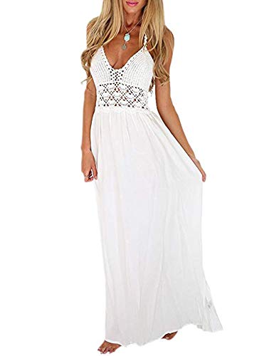 women's beach crochet backless bohemian halter maxi long dress LILBETTER Women's Beach Crochet Backless Bohemian Halter Maxi Long Dress (White,X-Small) at Amazon Women's Clothing store