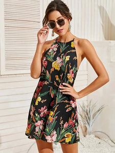 Tropical Print Halter Beach Dress