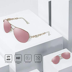 Aviator Sunglasses for Women Metal Frame UV400 Mirrored Sunglasses (pink&white)