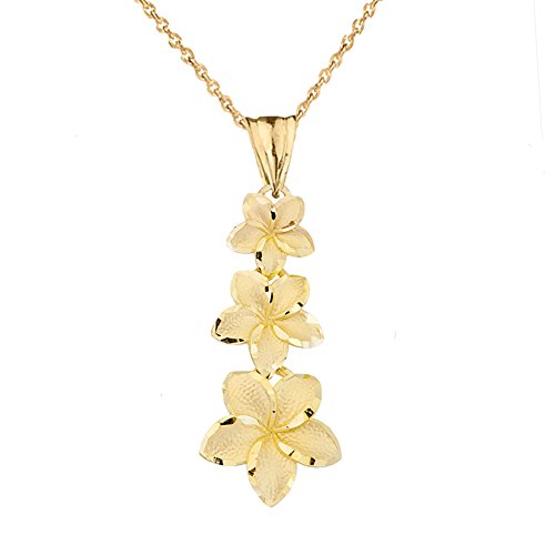 Elegant 10k Yellow Gold Hawaiian Plumeria Flowers Charm Pendant Necklace, 16