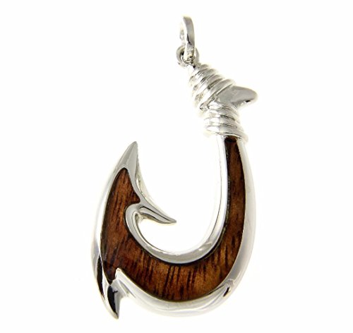 Koa Wood Hawaiian Wave Fish Hook Rhodium Plated Brass Reversible Pendant
