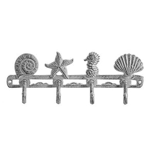 Vintage Seashell Coat Hook Hanger Rustic Cast Iron Wall Hanger w/ 4 Decorative Hooks - Includes Screws and Anchors - in Antique White - Beach House Decor