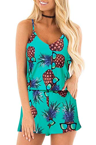 Tropical Loose V Neck Sleeveless Rompers with Pockets