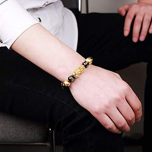 Feng Shui Black Hand Carved Mantra Bead Bracelet with Golden Pi Xiu/Pi Yao Lucky Wealthy Amulet Bracelet