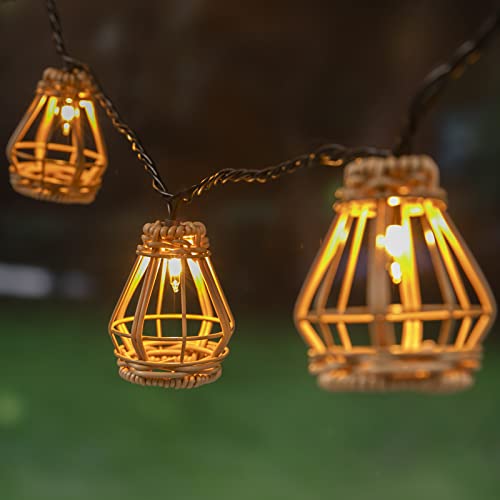 UL Listed Rattan Lantern Style Patio Lights with 10 Mini Bulbs - Connectable, Weatherproof Plug In Lights