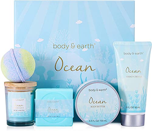 Ocean Scented Spa Gift Box for Her,Includes Scented Candle, Body Butter, Hand Cream, Bath Bar and Bomb,5 Pcs Bath Set