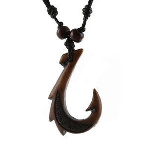 Hawaiian Brown Fish Hook Pendant Hemp Cord Chain - Maori Tribal Necklace: Jewelry