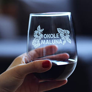 Okole Maluna Hawaiian Cheers Stemless Wine Glass - Cute Hawaii Themed Gifts or Party Decor for Women & Men - Large 17 Oz Wine Glasses