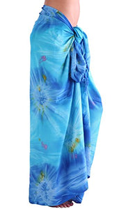 Long Sarong Wrap Cover Up Pareo with Coconut Shell Included (Blue)
