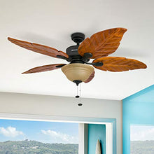 Load image into Gallery viewer, 52-Inch Tropical Ceiling Fan with Sunset Bowl Light, Five Hand Carved Wooden Leaf Blades, Lindenwood/Basswood, Bronze