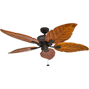 52-Inch Tropical Ceiling Fan with Sunset Bowl Light, Five Hand Carved Wooden Leaf Blades, Lindenwood/Basswood, Bronze