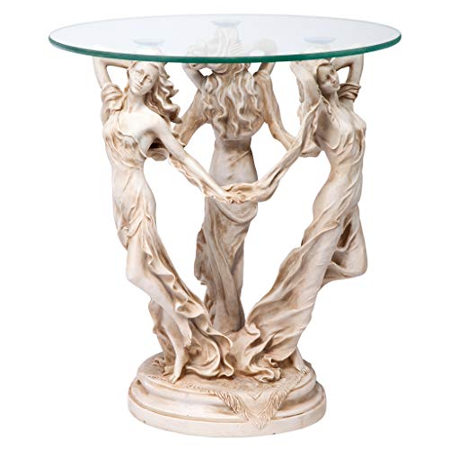 The Greek Muses Glass Topped Side Table, 20 Inch, Antique Stone