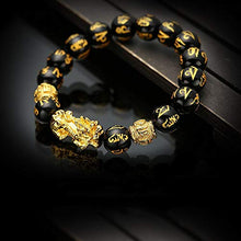 Load image into Gallery viewer, Feng Shui Black Hand Carved Mantra Bead Bracelet with Golden Pi Xiu/Pi Yao Lucky Wealthy Amulet Bracelet