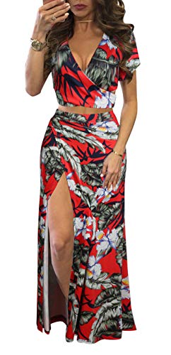 V Neck Floral Print Side Slit Two-Piece Maxi Dress