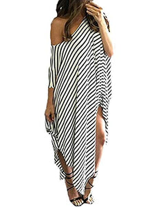 Maxi Dress Striped Irregular Long Dresses Casual Loose Kaftan Round Neck Sundress B-Stripe XL