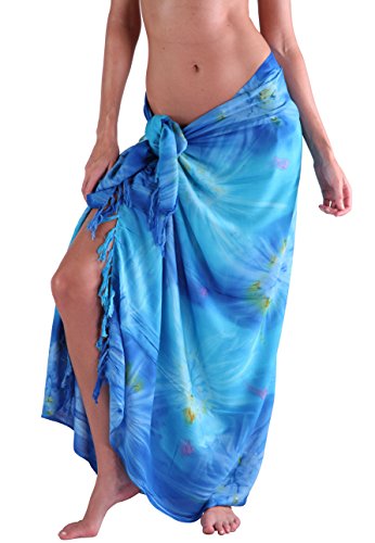 Long Sarong Wrap Cover Up Pareo with Coconut Shell Included (Blue)