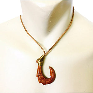 Large Koa Wood Hand Carved Fish Hook Necklace