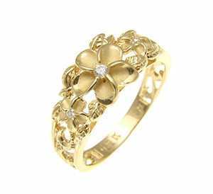 Yellow Gold Plated Silver Hawaiian Plumeria Maile Leaf Cut Out Scroll ring