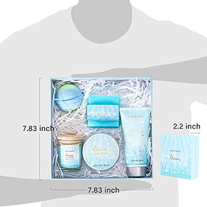 Ocean Scented Spa Gift Box for Her,Includes Scented Candle, Body Butter, Hand Cream, Bath Bar and Bomb,5 Pcs Bath Set