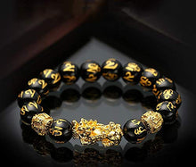 Load image into Gallery viewer, Feng Shui Black Hand Carved Mantra Bead Bracelet with Golden Pi Xiu/Pi Yao Lucky Wealthy Amulet Bracelet