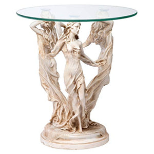 The Greek Muses Glass Topped Side Table, 20 Inch, Antique Stone