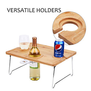 Outdoor Wine Picnic Table, Folding Portable Bamboo Wine Glasses & Bottle, Snack and Cheese Holder Tray for Concerts at Park, Beach, Ideal Wine Lover Gift